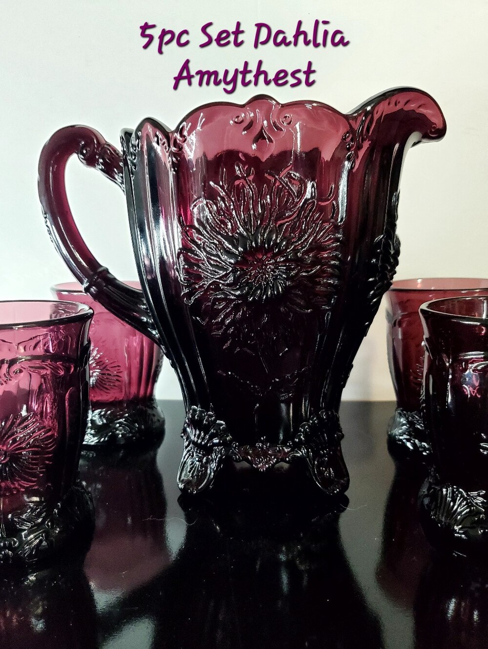 5pc Dahlia Amethyst Purple Glass 48oz Pitcher & 4 Tumblers 8oz Excellent Unused